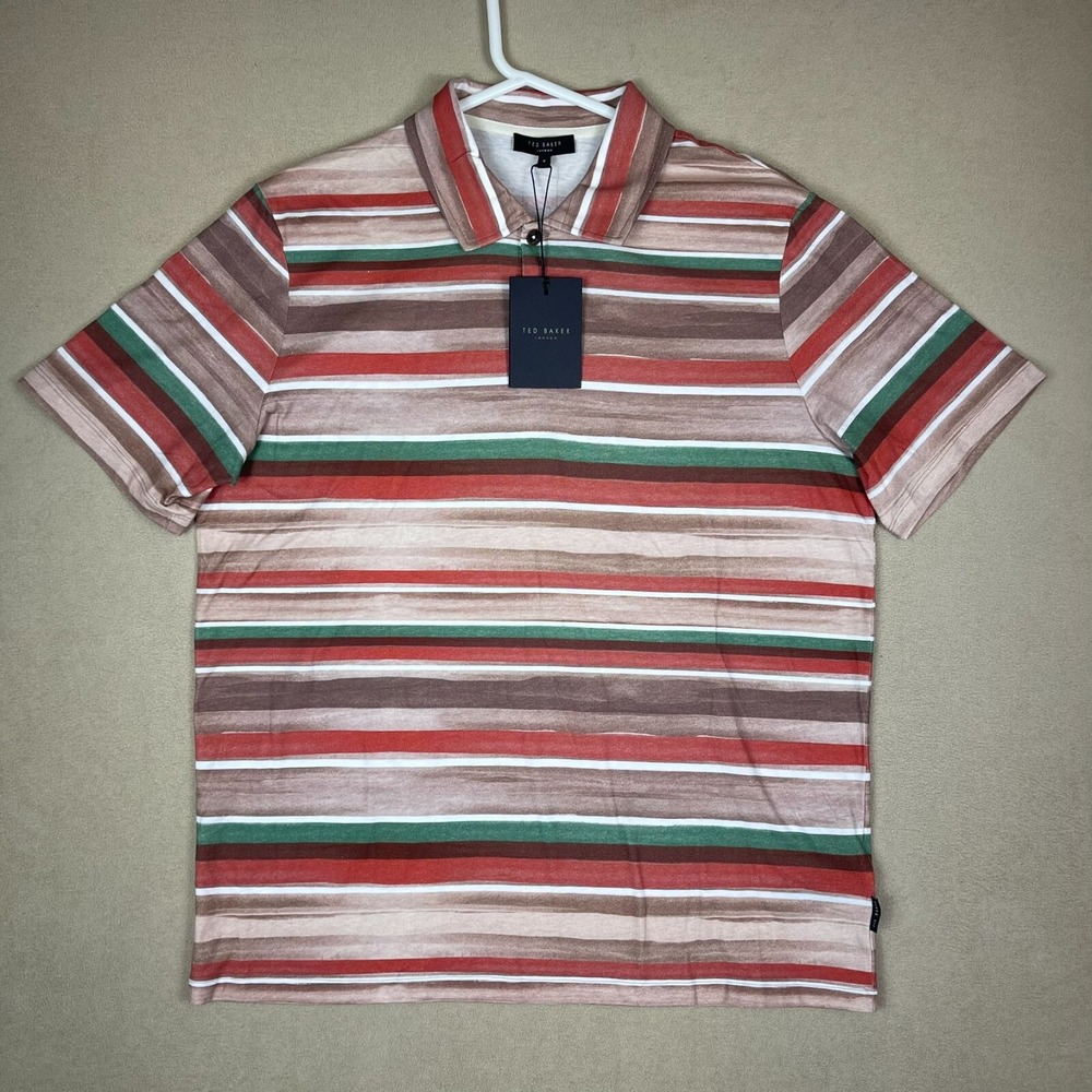 Ted Baker Polo Shirt Mens 4 Large Multicolor Striped Cotton Short Sleeve 253677